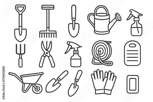 Gardening Tool Icons. Line style icons of essential gardening tools: shovel, rake, trowel, watering can; garden fork, pruning