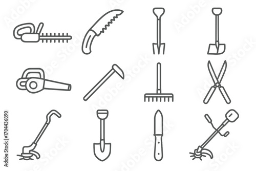 Garden Tool Icons. Line style icons of garden maintenance tools: hedge trimmer, pruning saw, weed puller, edging tool; leaf blower