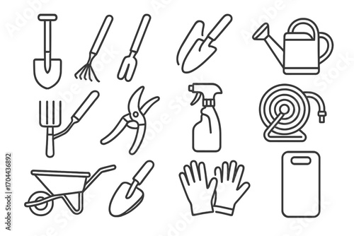 Gardening Tool Icons. Line style icons of essential gardening tools: shovel, rake, trowel, watering can; garden fork, pruning