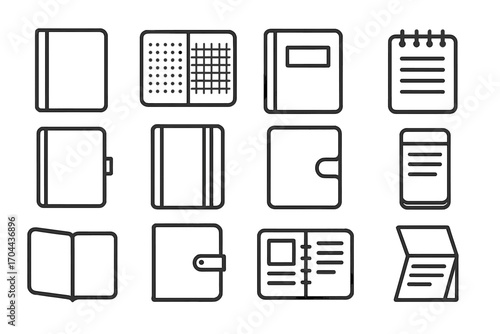 Notebook Line Icons. Line style icons of notebooks and journals: hard cover journal, bullet journal, grid notebook, spiral notepad