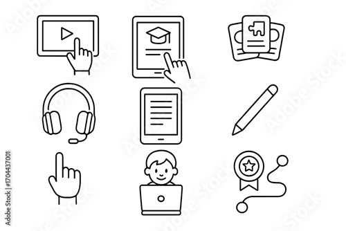Interactive Learning Icons. Line style icons of interactive learning: touchscreen board, digital tablet, activity cards, learning