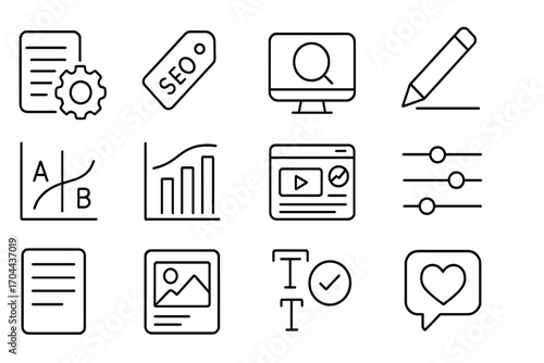 Content Optimization Icons. Line style icons of content optimization: article gear, SEO tag, keyword icon, edit pencil; A/B test,