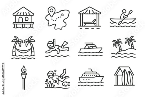 Tropical Getaway Icons. Line style icons of tropical getaway: overwater hut, island map, beach cabana, sea kayak; hammock scene,