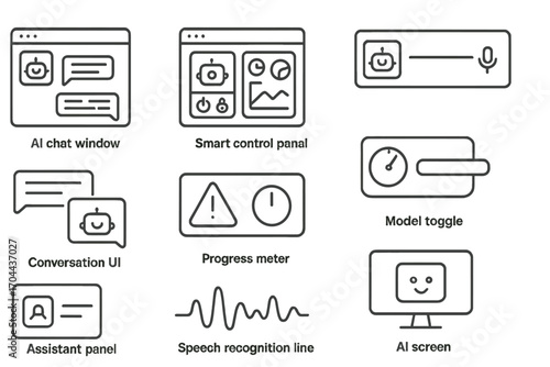 AI Interface Line Icons. Line style icons of AI user interfaces: AI chat window, visual dashboard, smart control panel, voice
