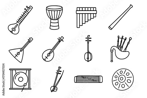 Traditional Instrument Icons. Line style icons of traditional instruments: sitar, djembe drum, pan flute, didgeridoo; balalaika,