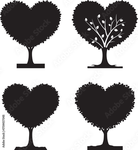 Four distinct heart shaped trees in silhouette style