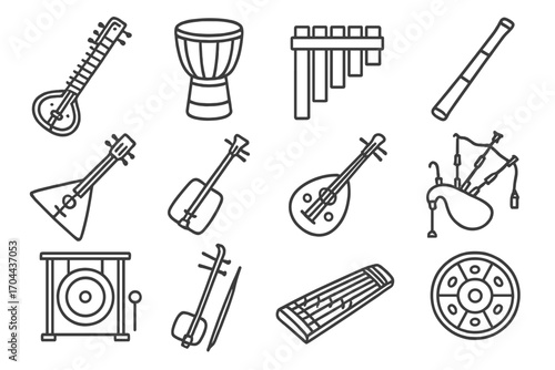 Traditional Instrument Icons. Line style icons of traditional instruments: sitar, djembe drum, pan flute, didgeridoo; balalaika,