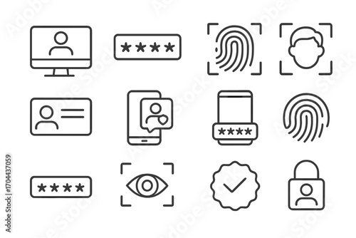 Authentication Icons Set. Line style icons of login and authentication: login screen, password field, fingerprint scan, face