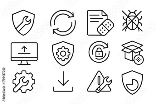 Security Update Icons. Line style icons of security updates and patches: shield with wrench, update icon, patch file, bug fix icon