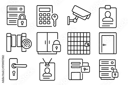 Physical Security Icons. Line style icons of physical security in tech: server room lock, keypad entry, CCTV icon, security badge;