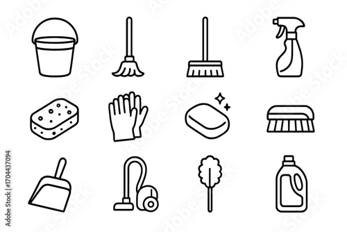 Cleaning Tools Icons. Line style icons of basic cleaning tools: bucket, mop, broom, spray bottle; sponge, gloves, soap bar, scrub