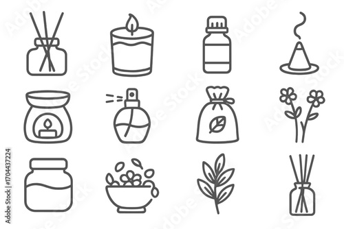 Calming Scents Icons. Line style icons of calming scents: diffuser bottle, scented candle, essential oil, incense cone; wax warmer