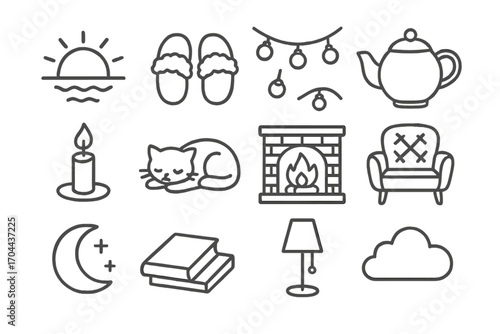 Evening Cozy Icons. Line style icons of evening coziness: sunset icon, fuzzy slippers, string lights, tea pot; candlelight shadow,