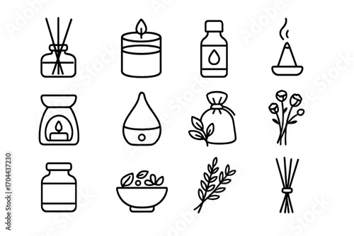 Calming Scents Icons. Line style icons of calming scents: diffuser bottle, scented candle, essential oil, incense cone; wax warmer