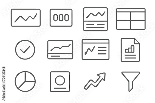 Line Style Dashboard Icons. Line style icons of digital dashboards: graph widget, KPI display, analytics card, overview screen;
