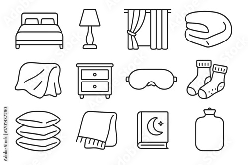 Bedroom Comfort Icons. Line style icons of bedroom comfort items: bed, bedside lamp, curtain, duvet; soft blanket, nightstand,