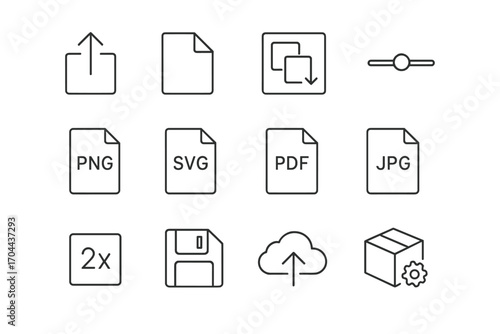 Export Options Icons. Line style icons of export options: export icon, file types, resolution selector, compression slider; PNG