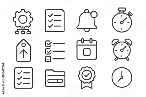 Workflow Icon Set. Line style icons of efficient workflow: workflow gear, checklist, reminder icon, stopwatch; priority tag, task