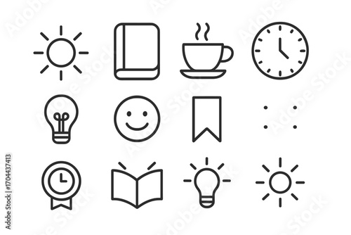 Calm Design Icons. Line style icons of calm design kit: sun icon, notebook, tea cup, clock line; soft bulb, smile face, chapter