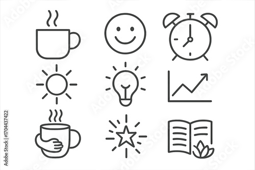 Uplifting Essentials Icons. Line style icons of uplifting essentials: tea mug, smiling symbol, alarm clock, notebook; sunny light,