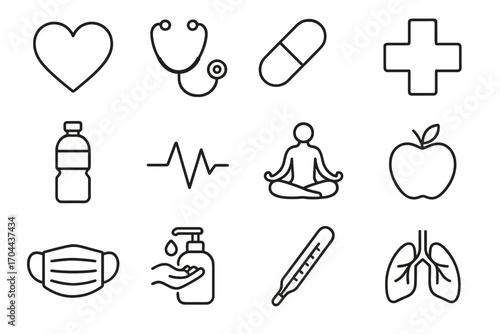 Health and Wellness Icons. Line style icons of health and wellness: heart icon, stethoscope, pill capsule, medical cross; water