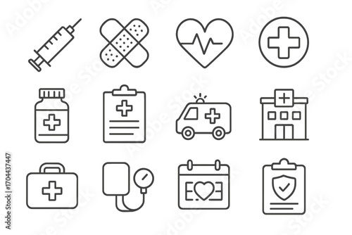 Medical Essentials Icons. Line style icons of medical essentials: syringe, bandage, heart rate, cross icon; medicine bottle,