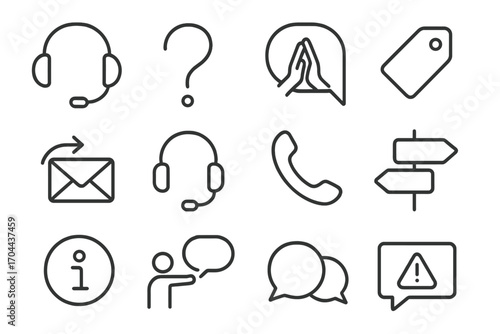 Support and Outreach Icons. Line style icons of support and outreach: headset icon, question mark, assistance bubble, help tag;