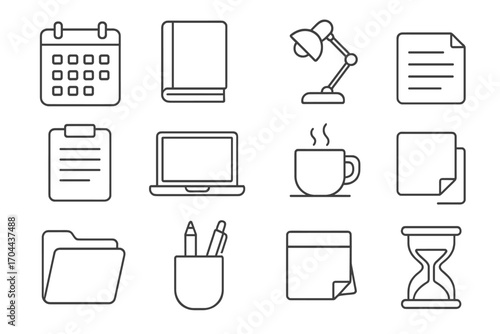 Office Essentials Icons. Line style icons of soft office essentials: calendar box, book, desk light, writing pad; laptop screen,