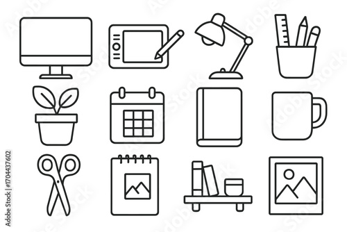 Creative Workspace Essentials. Line style icons of creative workspace: monitor, drawing tablet, lamp, pen holder; plant, calendar,