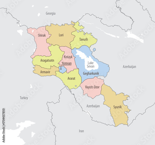 Detailed map of Armenia with administrative divisions and borders of neighboring countries, vector illustration on white background
