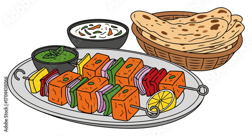 Illustration of Indian Paneer Tikka with Naan Bread and Dips