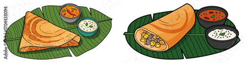South Indian Dosa with Sambar and Chutney on a Banana Leaf