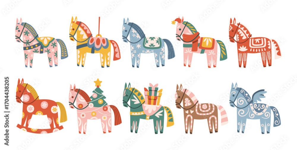Fototapeta premium Cute Merry Christmas horses decorative elements with traditional ornaments for winter holidays