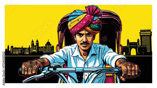 Indian Man in a Turban Riding a Rickshaw in Mumbai
