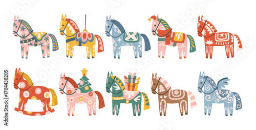 Cute Merry Christmas horses decorative elements with traditional ornaments for winter holidays