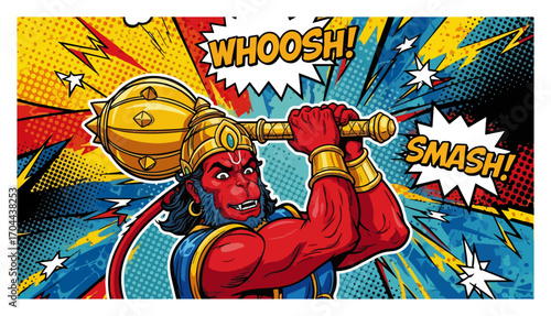 Hindu Deity Hanuman in a Dynamic Comic Book Action Scene