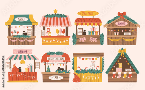 Christmas street market stall decorated with garlands, knotted bows and fir tree branches set