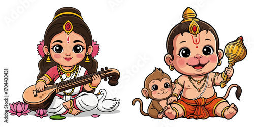 Cute Chibi Collection of Hindu Deities Saraswati and Hanuman