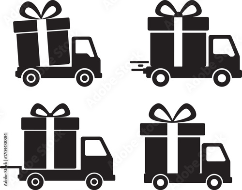 Four black silhouette delivery trucks carrying large gift boxes silhouette