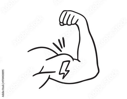 Strong muscle power concept with lightning icon doodle hand drawn. Outline line drawing clipart symbol