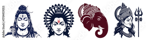 Set of Hindu Deities Head Icons Shiva Vishnu Ganesha and Durga