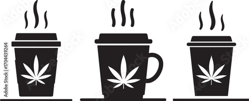 Three steaming coffee cups with cannabis leaf symbols silhouette