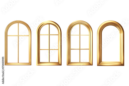 Four golden arched window frames on black background