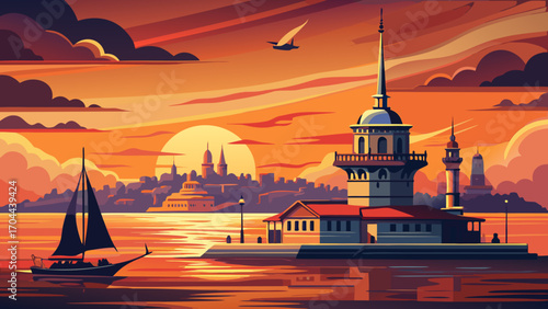 majestic sunset over the bosphorus strait in istanbul