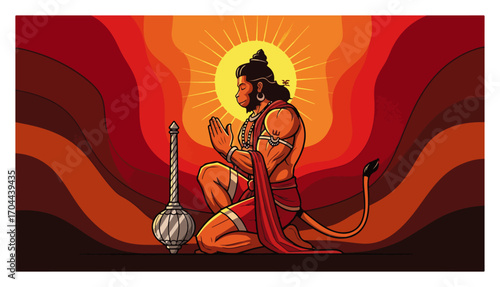 Lord Hanuman in a Prayer Pose Against a Stylized Sunrise