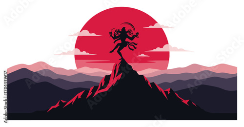 Lord Shiva Nataraja Silhouette Against a Red Sun