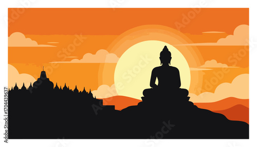 Buddha Silhouette Meditating at Borobudur Temple at Sunset
