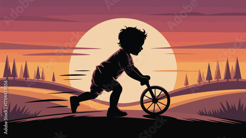 Silhouette of a child riding a balance bike against a stunning sunset background, evoking freedom