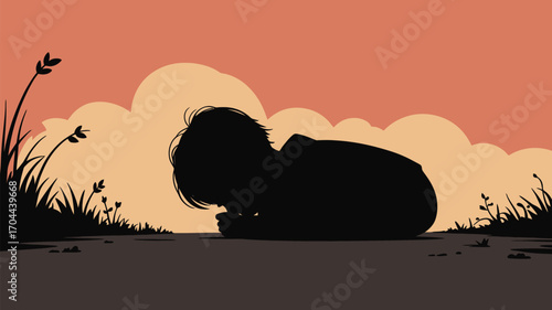 Silhouette of a person in distress, feeling lost and alone in a melancholy landscape setting at sunset