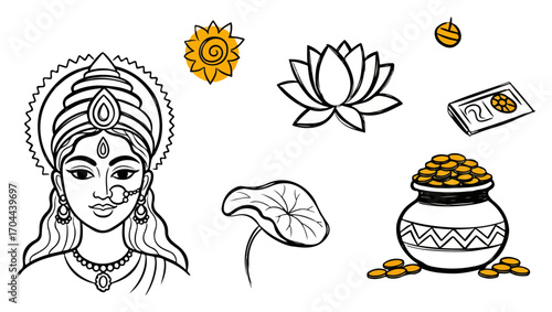 Doodle Set of Goddess Lakshmi and Symbols of Wealth